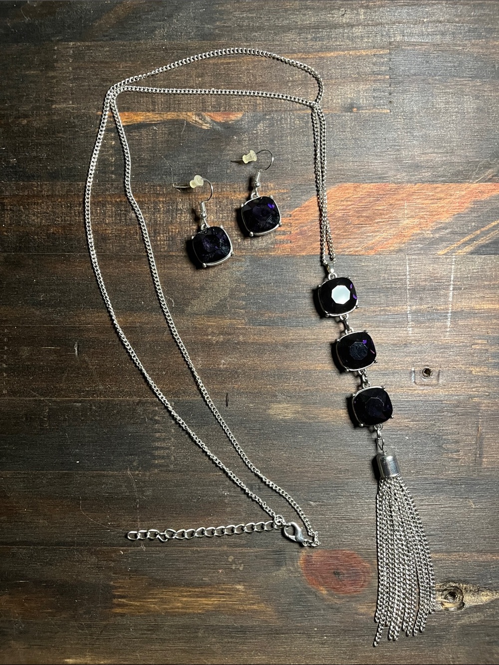 ⭐️3/$15⭐️ Silver-Tone Necklace & Earring Set with Deep Purple Stones